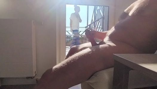 dickflash in a hotel where a maid comes through the balcony and gets cum on her tits