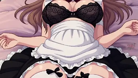 Горячая азиатская косплей горничная мастурбирует на кровати, Pixelart