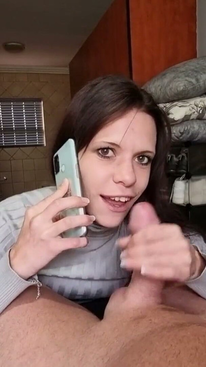 Cheating girlfriend giving me a blowjob and jerking my cock in her lunch break while on the phone with her boyfriend | Clip 1