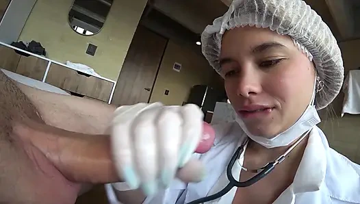 LATINA NURSE milks my CUM sample with Machine and his deepthroat