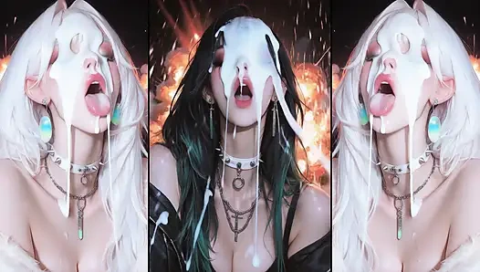 Anime characters get their faces thoroughly covered in cum.