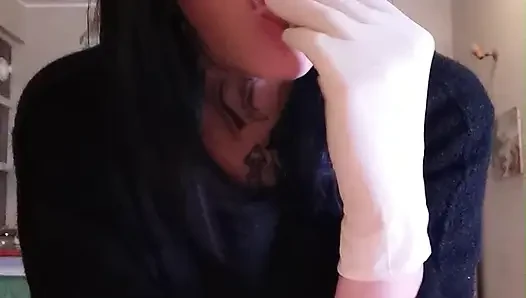i'm hungry now eating salmon WHITE LATEX GLOVES GODDESSLOLLI