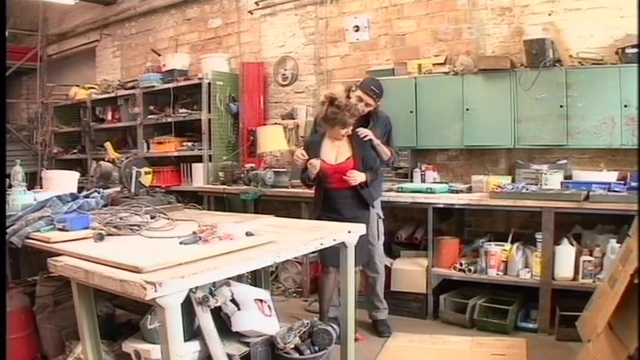Granny looking for sex goes in lingerie to her lover in the workshop to get her hairy pussy pounded