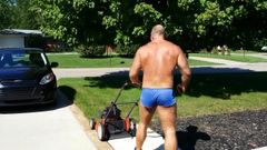 Mowing the lawn in slut shorts