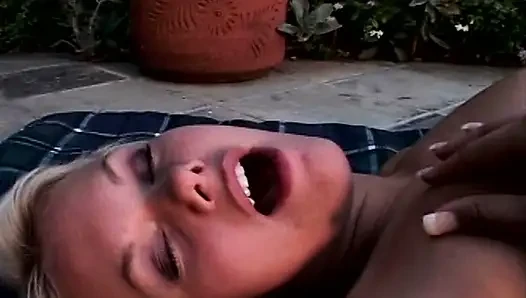 Sexy Lesbian Blondes Having Outdoor Fuck with Dildo
