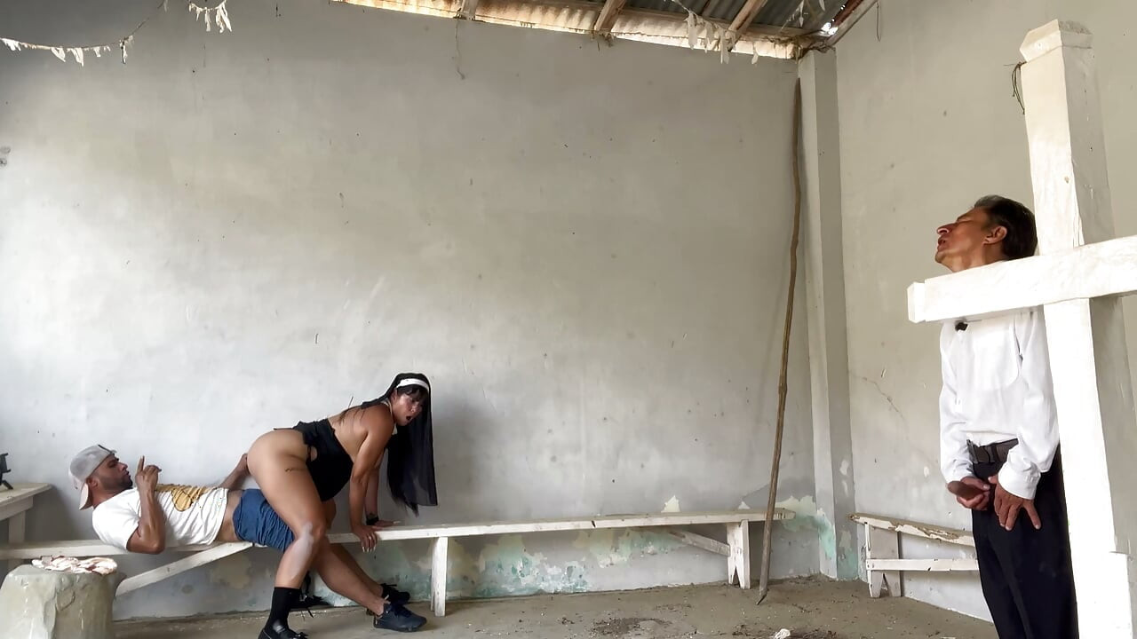 Busty, curvy nun has sex with a stranger while the priest watches