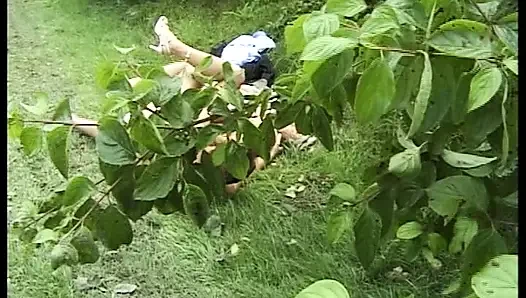Big boobed German cougar rides dick in nature