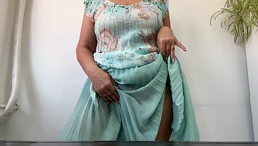 I'm horny again at the office and I lift my skirt and show my tits in public.