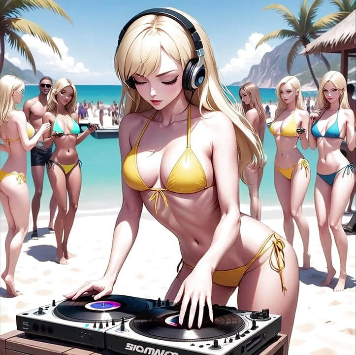 Anime Sexy DJ on the Beach Synthwave Retrowave