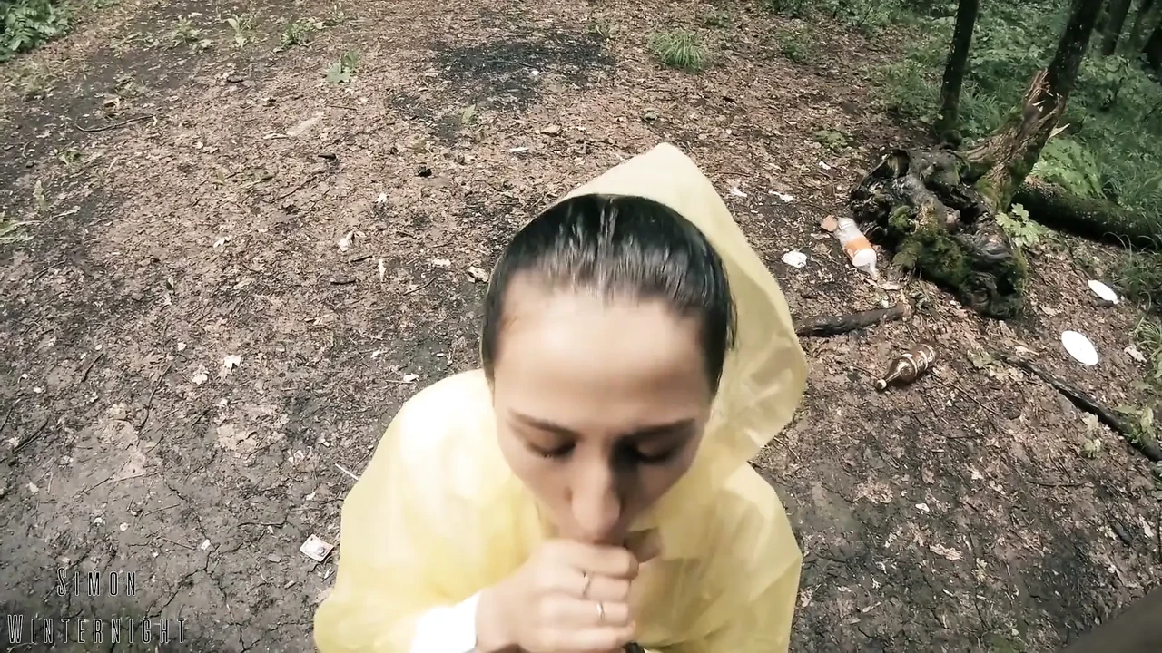 Black Lynn in Yellow Raincoat Sucking Cock in the Woods - Outdoor Blowjob and Cum in Mouth