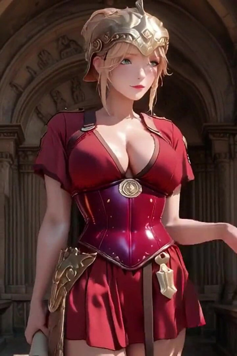 Red Armor Queen! Schauen Sie auf den römischen Korridor, rocklift enthüllt, Hand auf Lippen neckt Sie ...