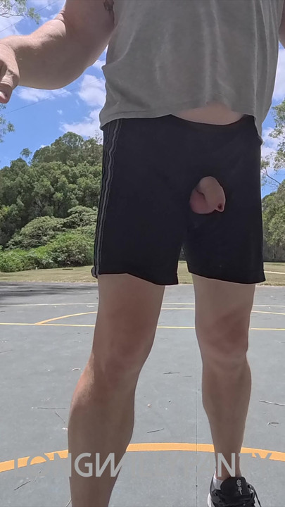 Straight uncut guy with cock out flashing at basketball courts
