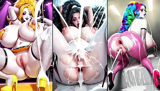 Colorfull Anime Bombschell in stockings and high-heels get cum from all sites and make dirty creampie