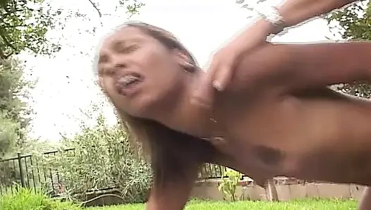Ebony babe gets pussy licked and hammered by her man outdoor