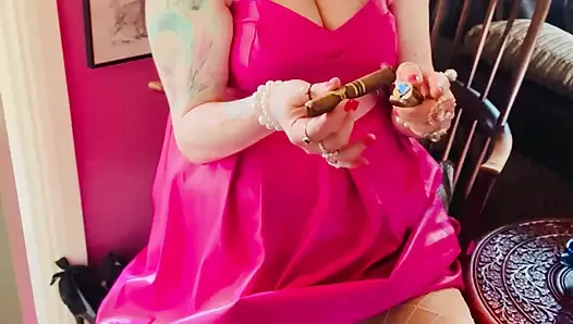 Pink To Make The Boys Wink! Tina Snua In A Leather Dress Smoking A Cigar