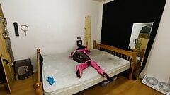 Sissy Maid Self Bondage Armbinder in Chastity, Harness Gag with Large Black Dildo Locked in Ass