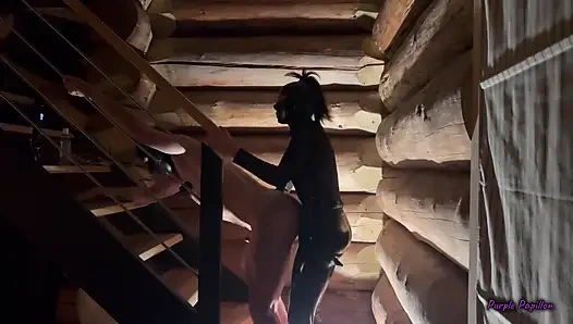 Dark Pegging on the Stairs with a Pink Dildo