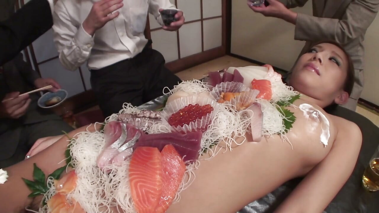 Japanese Body Sushi Slut – Suited Men Eat Her Pussy With
