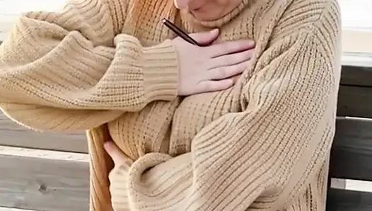 My 36f owner demanded I play with my boobs at home and in public in fetish sweaters. I gladly obeyed her massaging my big tits
