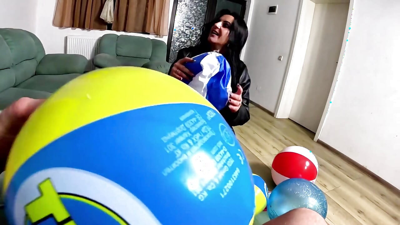 Inflatable Humiliation in Leather. Beach Ball Popping, Deepthroat, Doggy and Cum Play