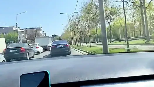 Almost caught! He jerks off in traffic in front of me, I love watching. Big cumshot! Part 1