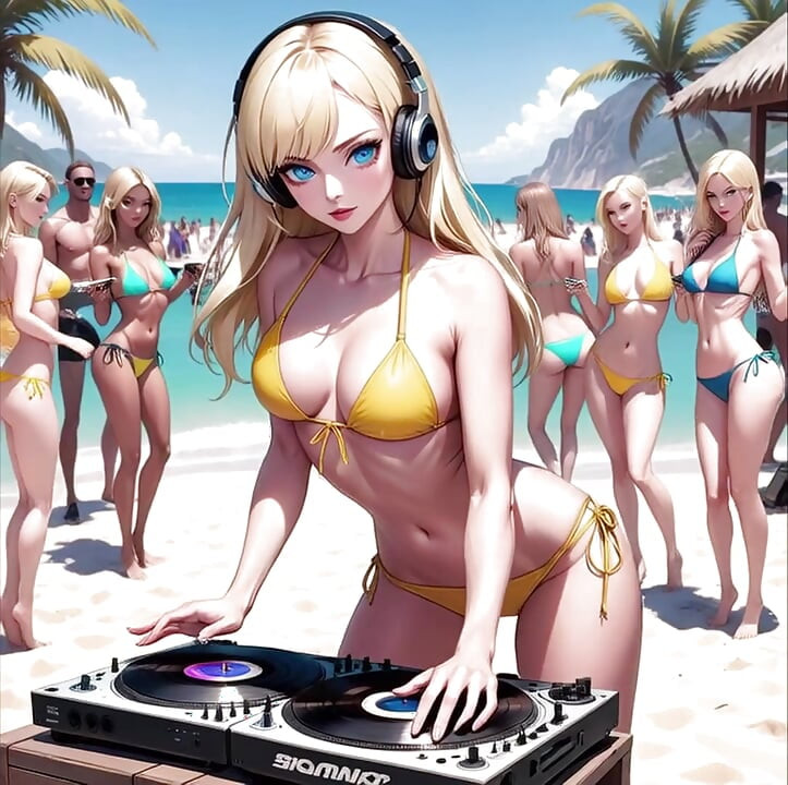 Anime Seksikäs DJ rannalla Synthwave Retrowave