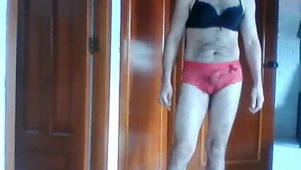 With my red panties and black bra.
