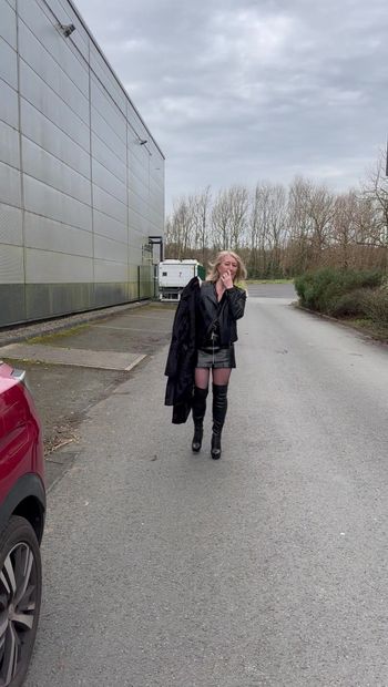 Slut wife Katie in leather, dogging meet up. Walking in boot