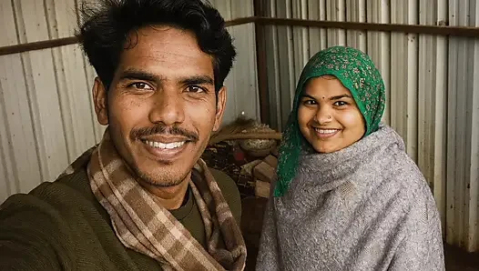 Husband wife of Indian Desi village enjoying in the field in winter and ...