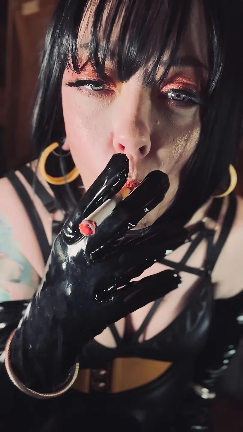 Leather And PVC! Tina Snua Smoking A Cork Cigarette In Leather Dress & PVC Gloves – Dangling Drifts OMI Snap Inhales