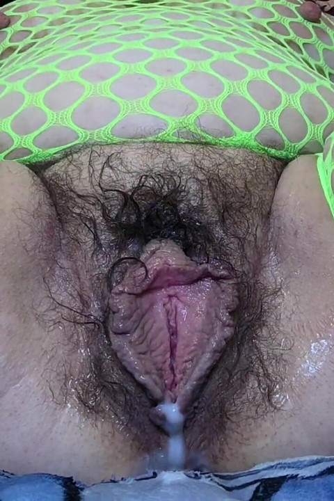 MILF Fucking Hairy Big Labia Cunt with Two Dildos