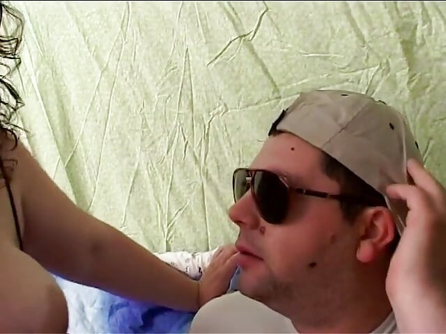 Fat girl with sunglasses sucks and fucks a cock and a dildo