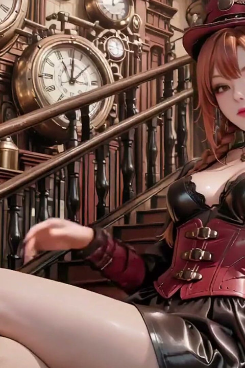 Steampunk Duchess! Red-haired Mechanical Girl Teasing in the Gear Hall.