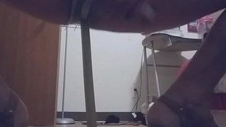 Riding anal while stroking big cock