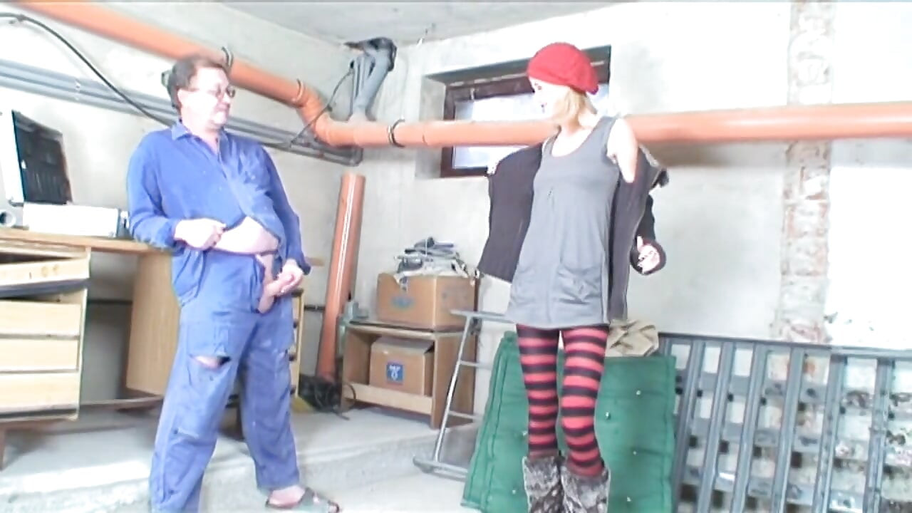 Old worker hits on a blonde teen sucking his cock