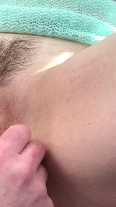 Key moment from "Please help me trim my bushes. Shaving wife's pussy in POV. Home amateur video."