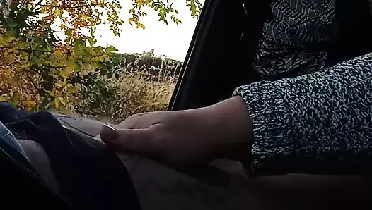 Ma femme me branle la bite dans la voiture, gros plan sur la nature