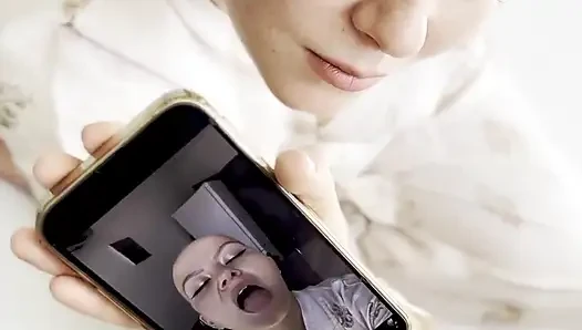 Cumtribute Bald Girl Cleanup Her Phone After