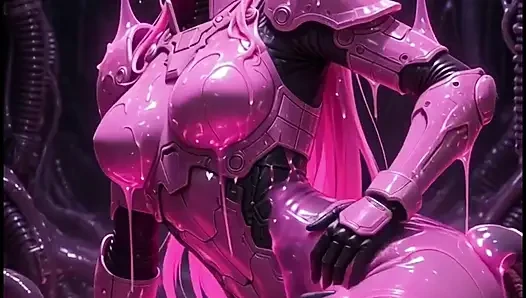 Pink anime girl elf in pink combat suit, gets rubbed by hoses