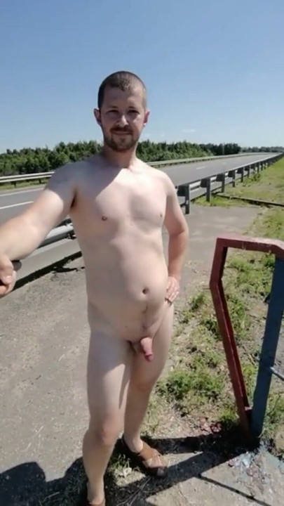 Russian gay Aleksnudist walks around completely naked near the highway | Clip 2