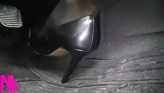 Revving and Driving in Black Pantyhose and Grey High Heels