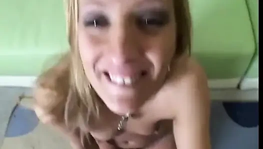 Pretty blond slut with blue eyes gives blowjob then stud cums on her tight ass