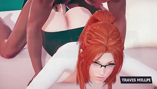 Tombul kızıl saçlı profesör ofis fantezi gözlüklerine giriyor, gömlek sıkı, tutum yaramaz