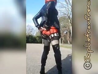 at the park, in leather outfit, ass plugged