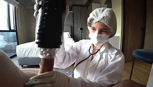 LATINA NURSE milks my CUM sample with Machine and his deepthroat