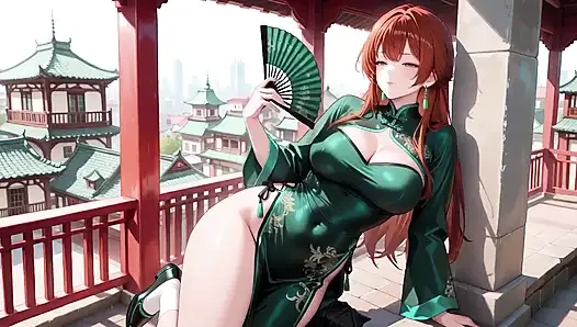 Red Hair & Emerald Qipao! Lazy Seduction in the Eastern Courtyard