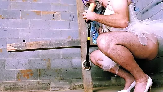 Corseted crossdresser in tutu and high heels fucked in the ass homemade fucking machine