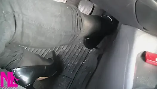 Pedal Pumping in Black Pantyhose and Grey Patent High Heels