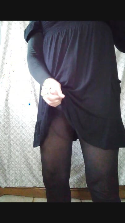 CD, black pantyhose, dress. Masturbates and cum.
