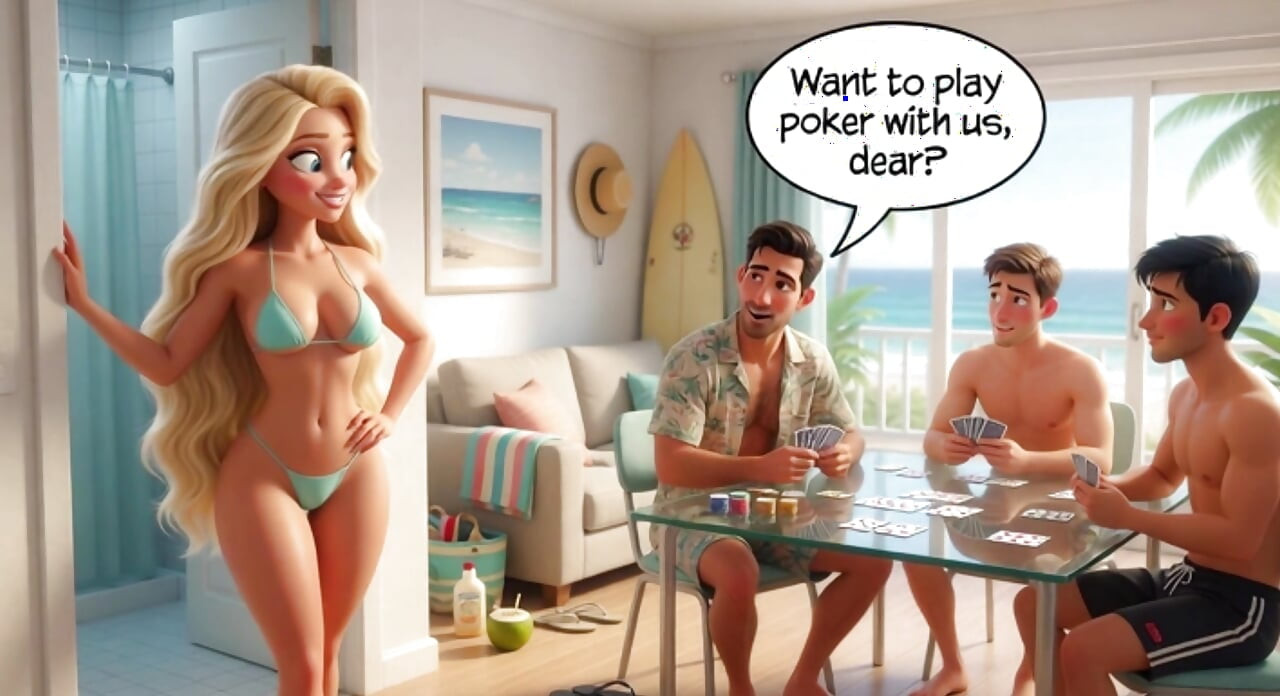 Married Blonde's Beach Tease Becomes Wild House Game with Husband and Young Men (AI generated)